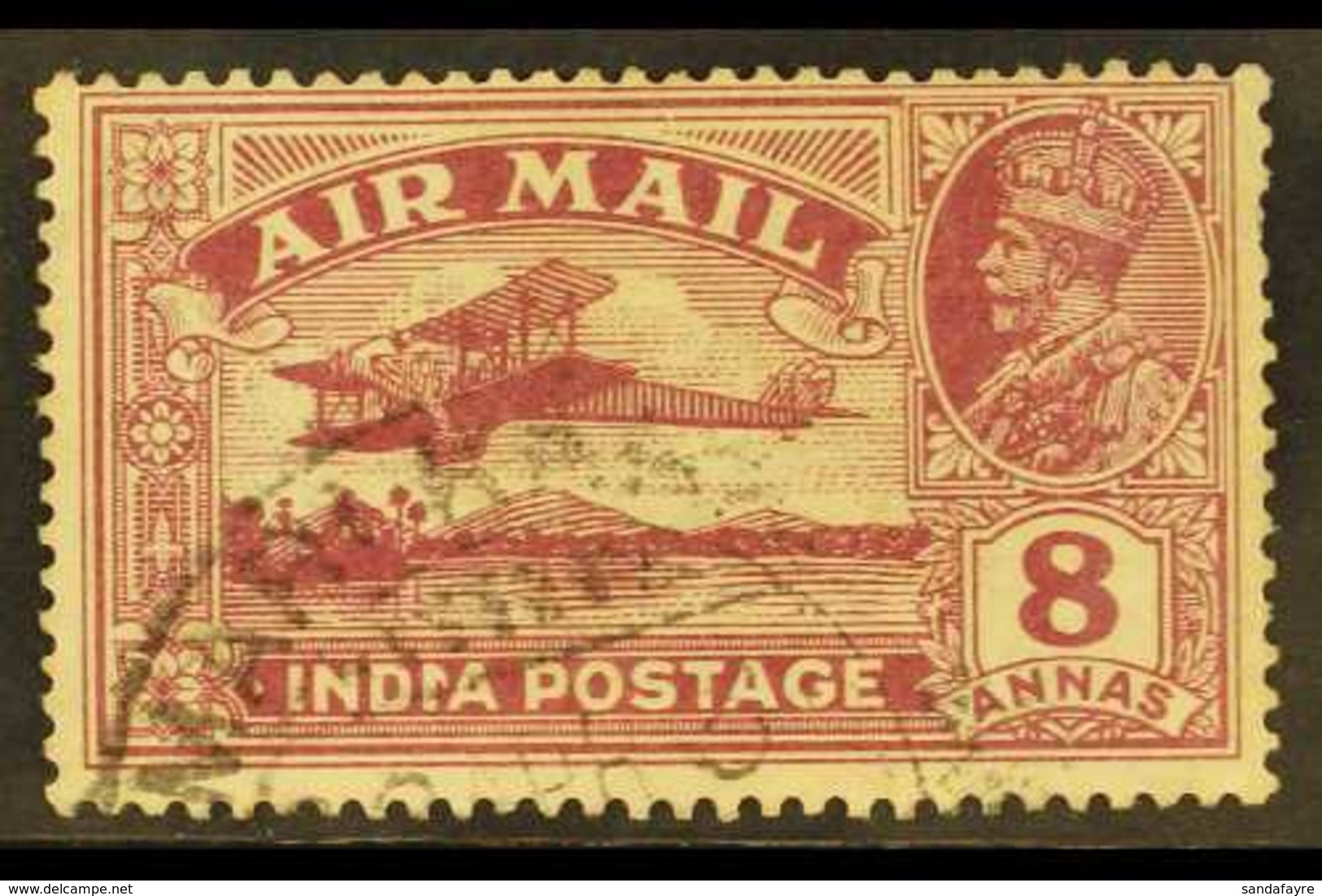 1929 8a Purple Air With REVERSED SERIF On Second "I" Of "INDIA", SG 224b, Very Fine Cds Used With Missing Perf At Right. - Other & Unclassified