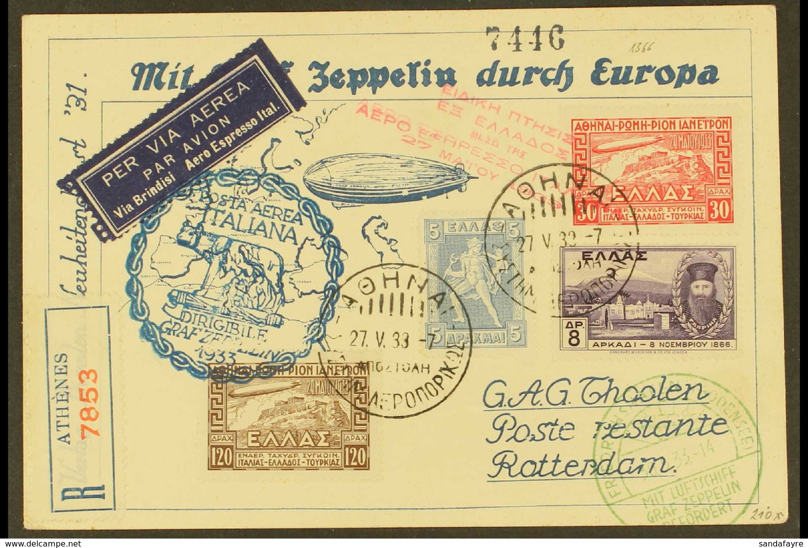 1933 GRAF ZEPPELIN ITALIAN FLIGHT, Registered Illustrated Card Franked Greece 5d, 8d And Zeppelin 30d And 120d Tied By A - Non Classificati