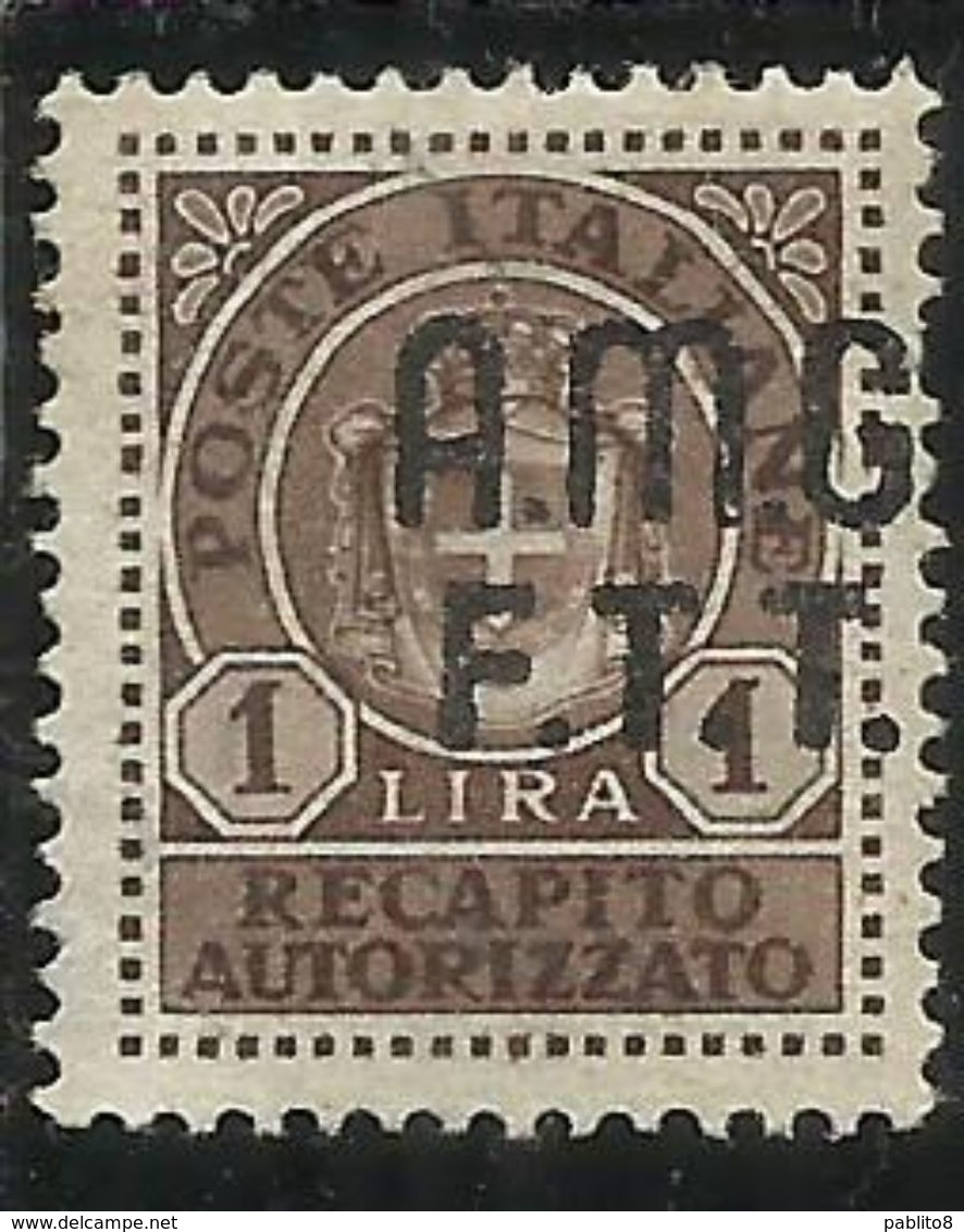 TRIESTE A 1947 VARIETA' VARIETY AMG-FTT SOPRASTAMPATO D'ITALIA ITALY OVERPRINTED RECAPITO AUTORIZZATO LIRE 1 MNH - Steuermarken