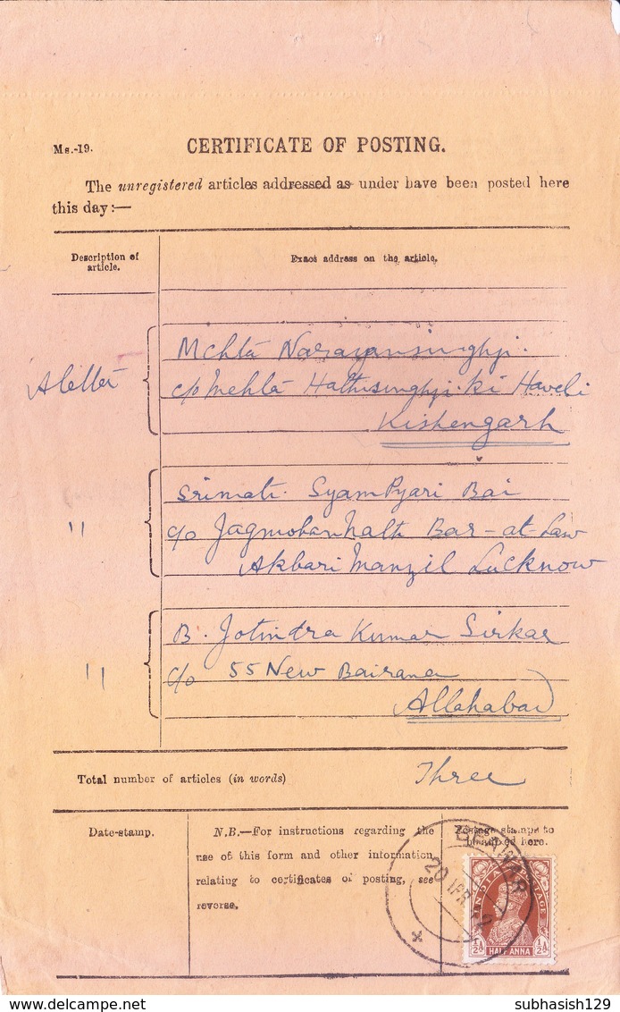 BRITISH INDIA : POSTAL DOCUMENT : YEAR - 1942 : CERTIFICATE OF POSTING : TIED WITH KING GEORGE VI HALF ANNA POSTAGE - 1936-47 King George VI