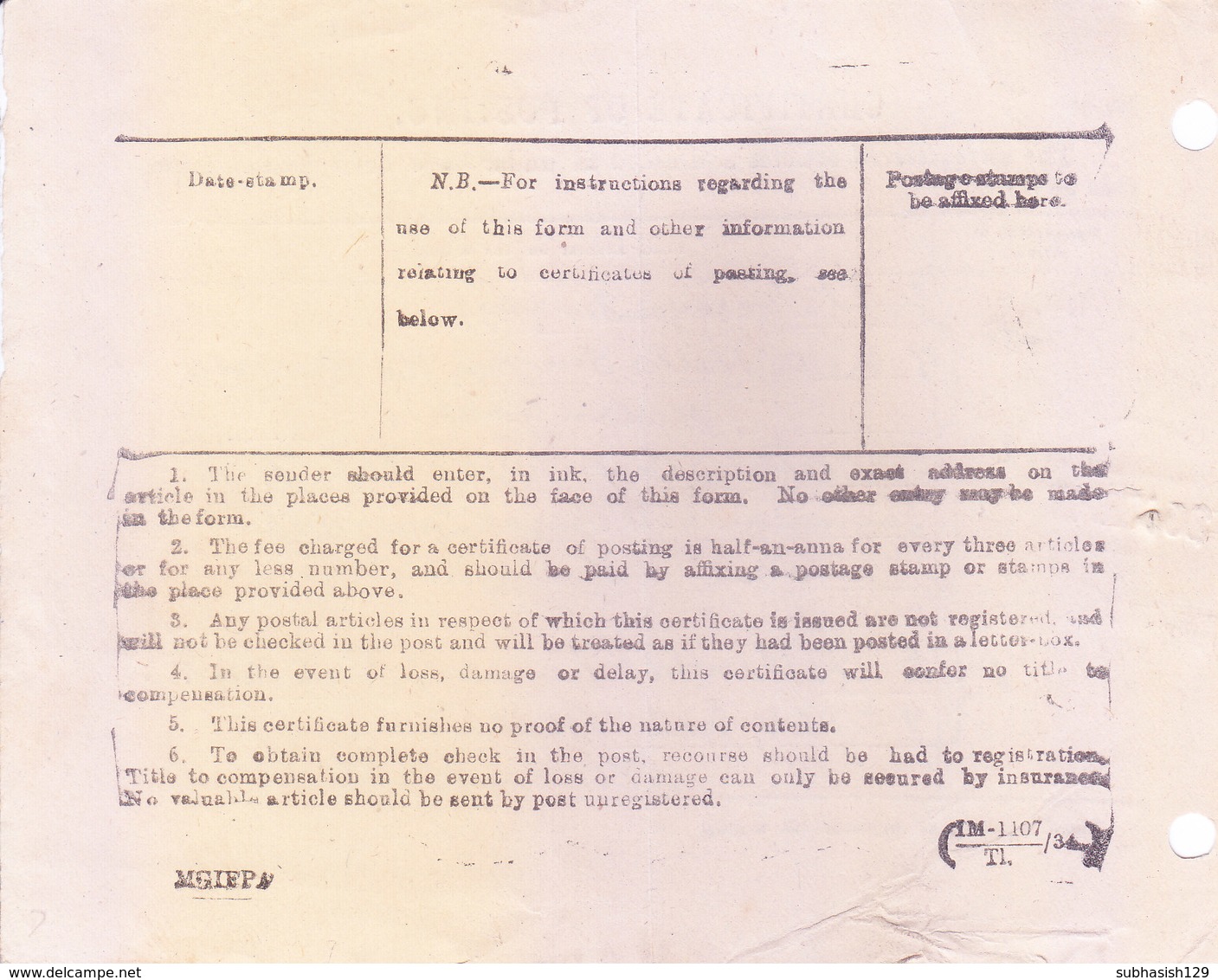 BRITISH INDIA : POSTAL DOCUMENT : YEAR - 1947 : CERTIFICATE OF POSTING : TIED WITH KING GEORGE VI 2v. 3 PIES POSTAGE - 1936-47 King George VI