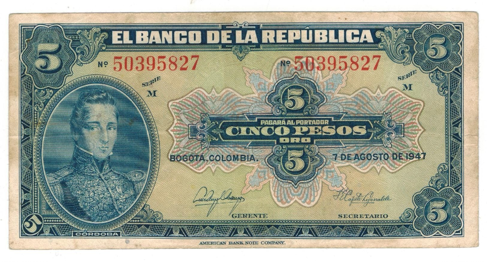 Colombia 5 Pesos 1947,Crisp VF. Rare. - Colombie