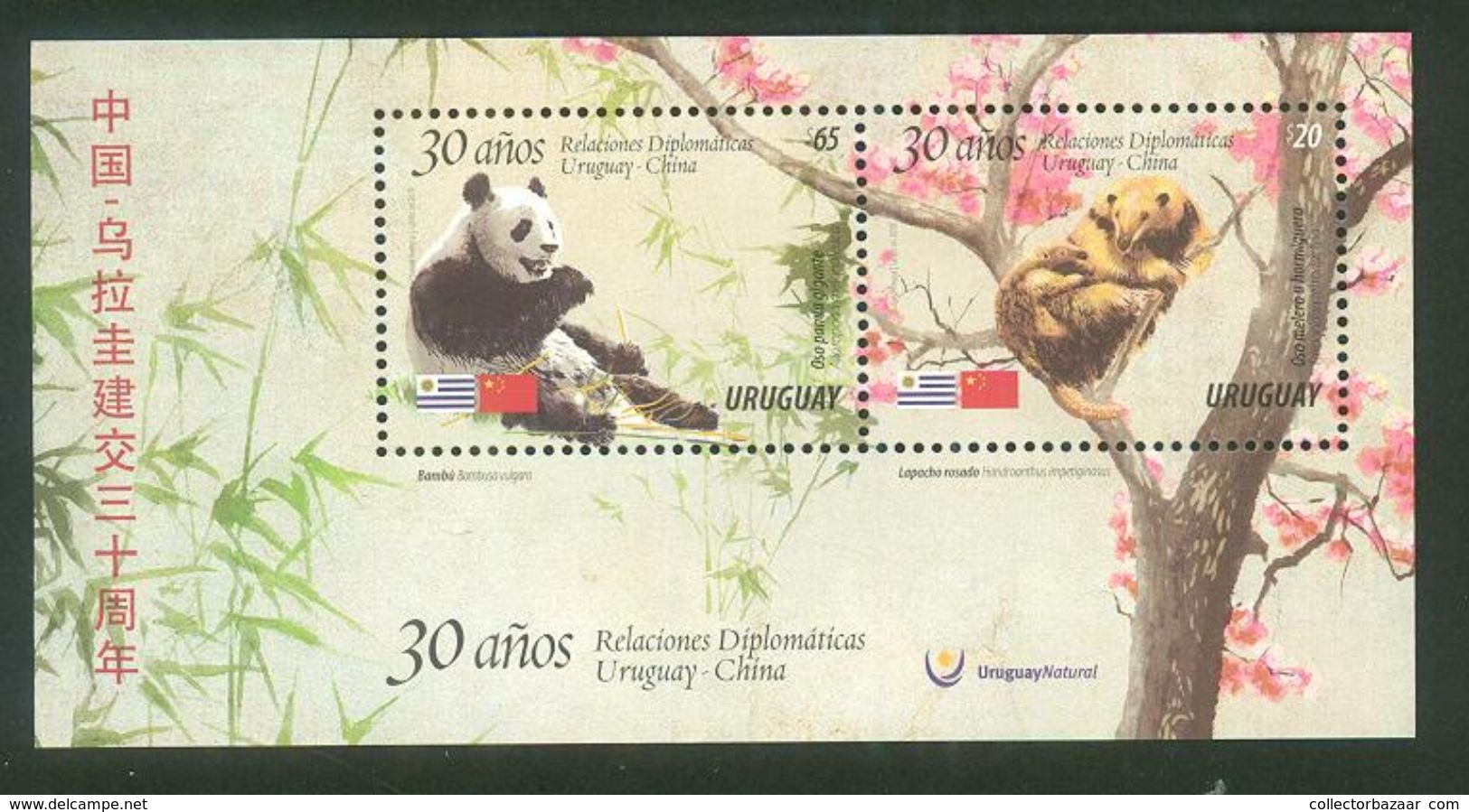 URUGUAY 2018 CHINA FAUNA PANDA ANTEATER TREE DIPLOMATIC RELATIONS S/SHEET MNH OSO PANDA BANDERAS OSO HORMIGUERO BAMBU - Emisiones Comunes