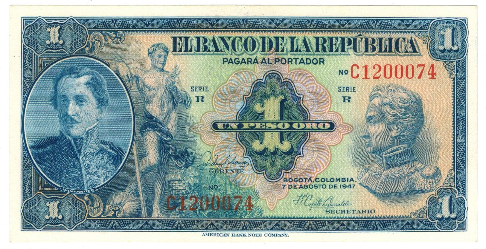 Colombia 1 Peso 1947, UNC. Rare. - Colombie