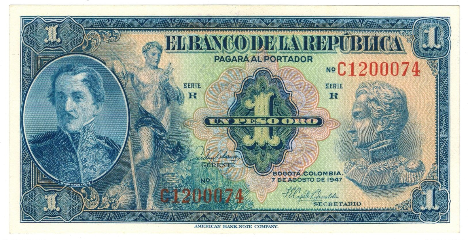 Colombia 1 Peso 1947, UNC. Rare. - Colombia