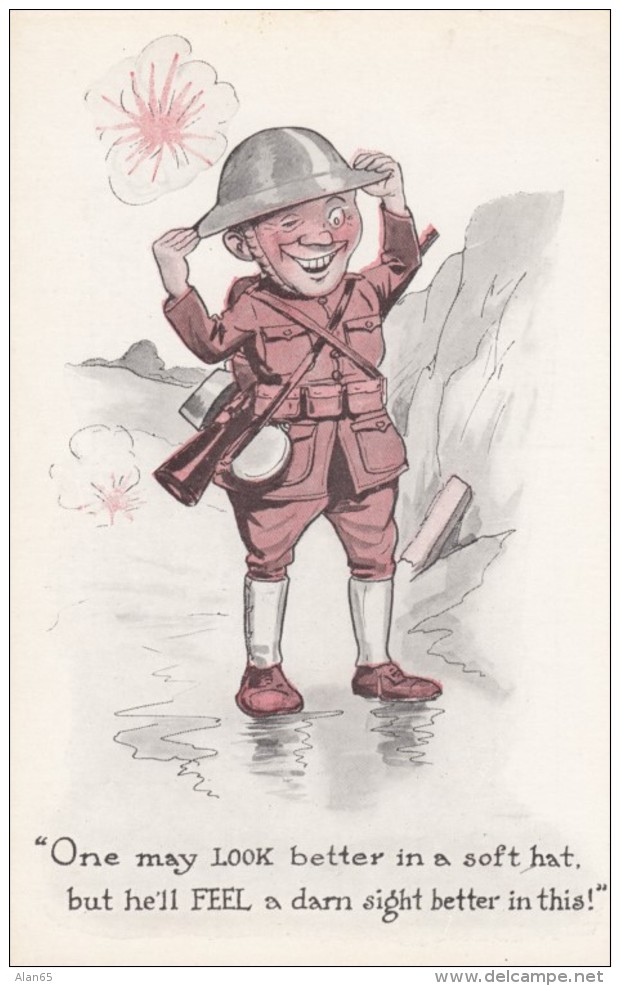 WWI Humor, 'Feel Better In Hard Hat' Soldier Wears Helmet In Trench, C1910s Vintage Postcard - War 1914-18