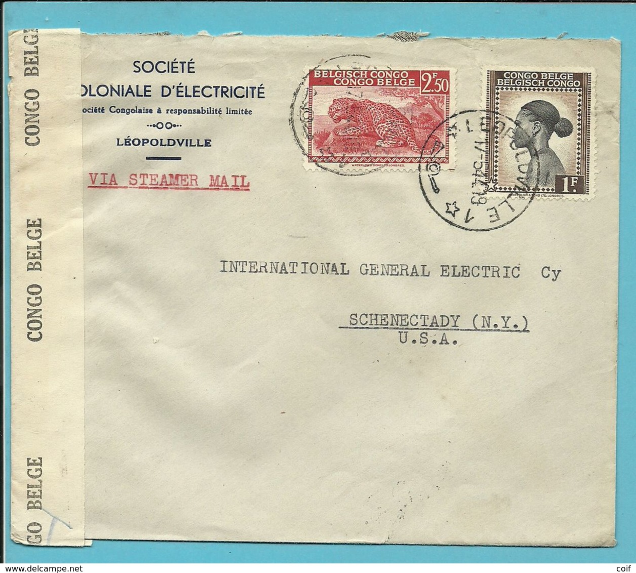 257+261 Op Brief "Via Steamer Mail" Stempel LEOPOLDVILLE 17/5/44 Naar U.S.A. Censure 15  Leopoldville - Covers & Documents