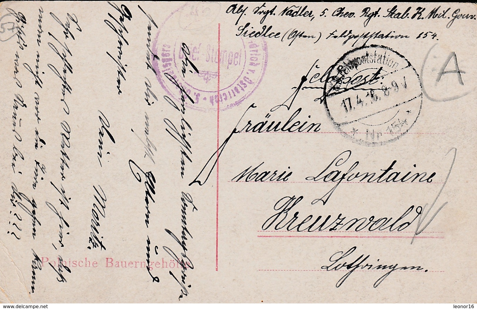 CREUTZWALD   -   ** Carte Postale FELDPOST écrite Par NADLER Moritz à LAFONTAINE Marie.le 17 04 1916 **  - - Creutzwald