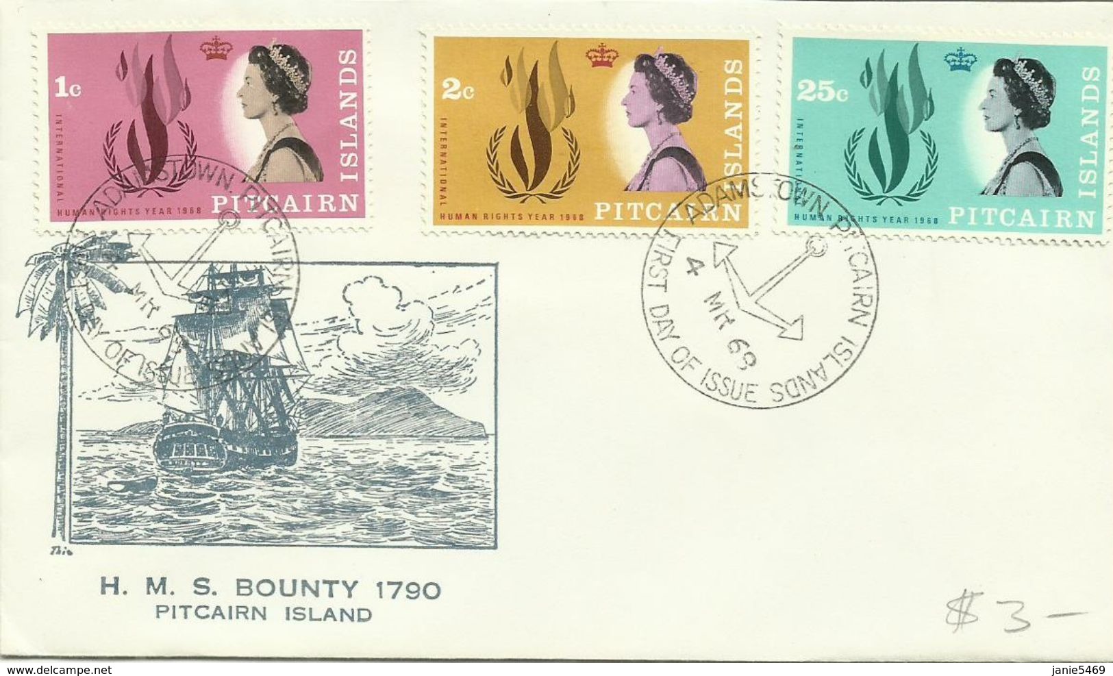Pitcairn Islands SG 85-87 1968 Human Rights ,First Day Cover - Pitcairn