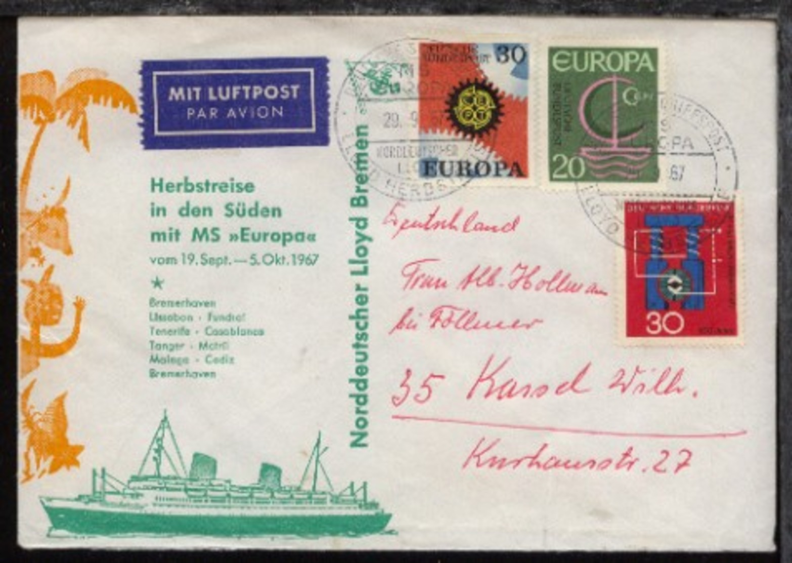 DSP LLOYD HERBSTREISE MS EUROPA NDL 29.9.67 Auf Sonder-Umschlag (032), Bedarf - Sonstige & Ohne Zuordnung