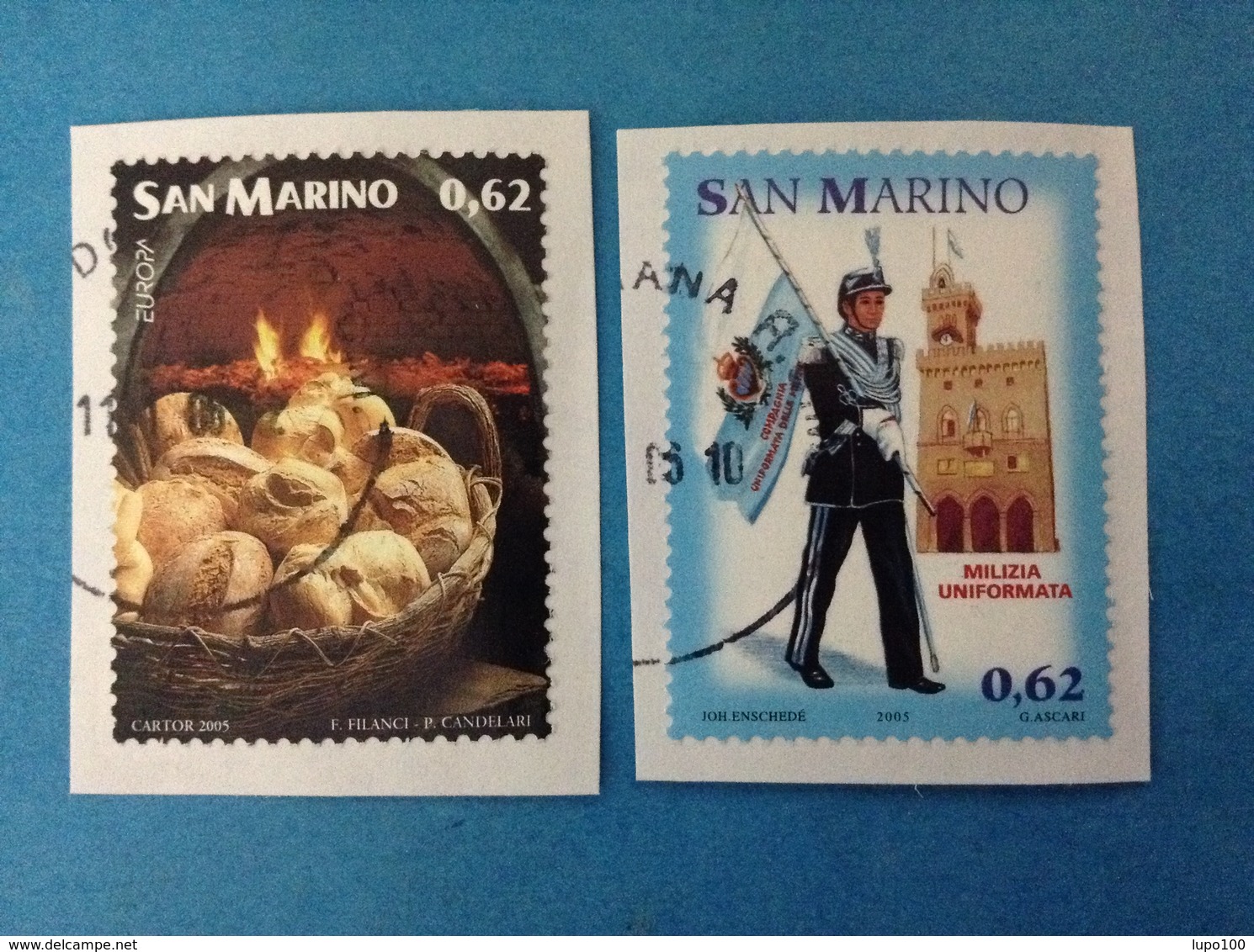 2005 SAN MARINO FRANCOBOLLI USATI TWO STAMPS USED - EUROPA GASTRONOMIA 0,62 + MILIZIA UNIFORMATA 0,62 - Usati