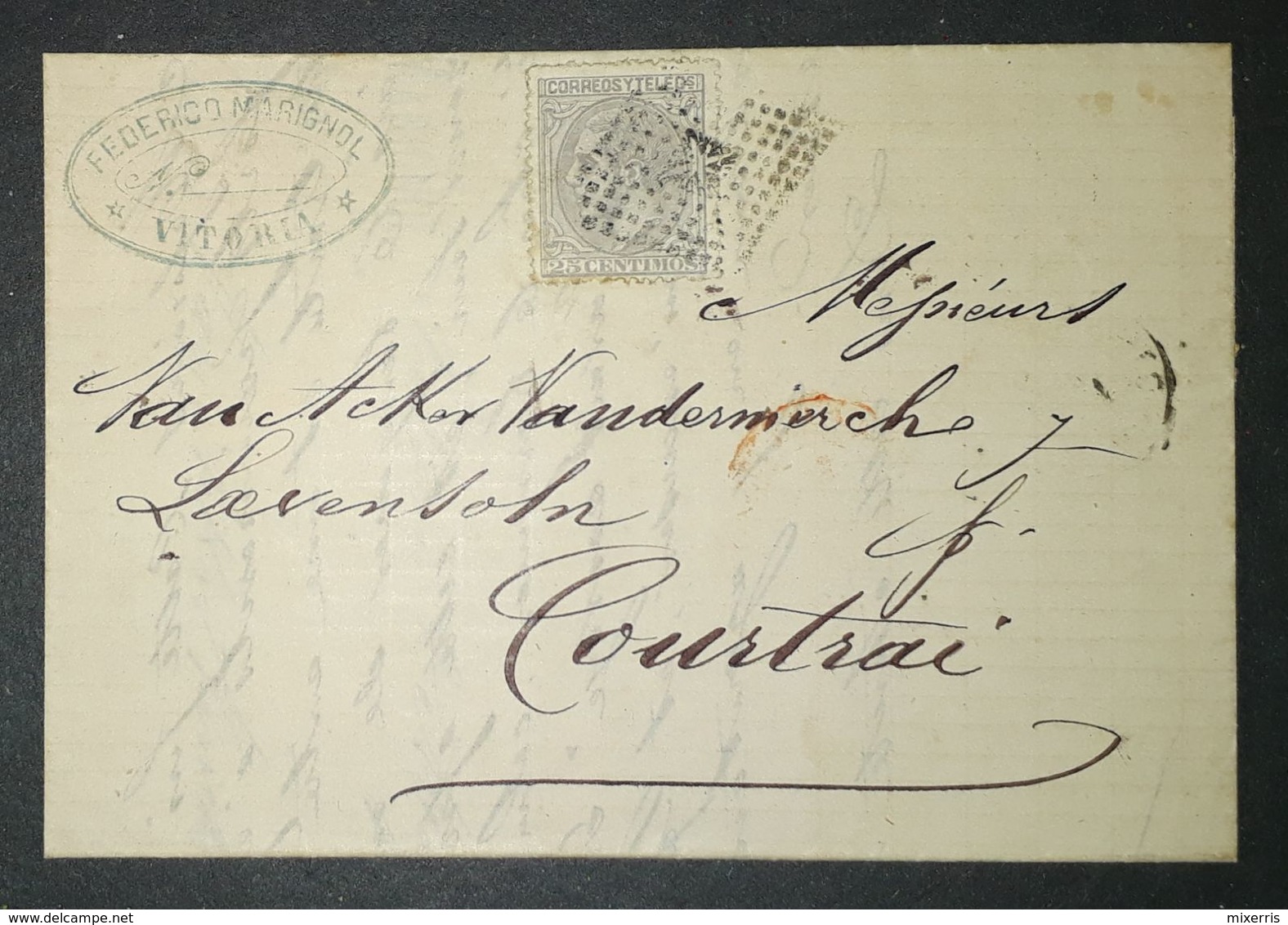 1879 RARO ROMBO DE PUNTOS DE VITORIA Con Adorno Central En Carta A Bélgica. Edifil 204. 25 Céntimos. - Lettres & Documents