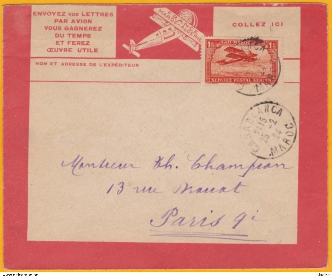 1924 - Maroc Précurseur Avion - Lettre Recommandée De Casablanca Vers Paris Par Lignes Aériennes Latécoère - Covers & Documents