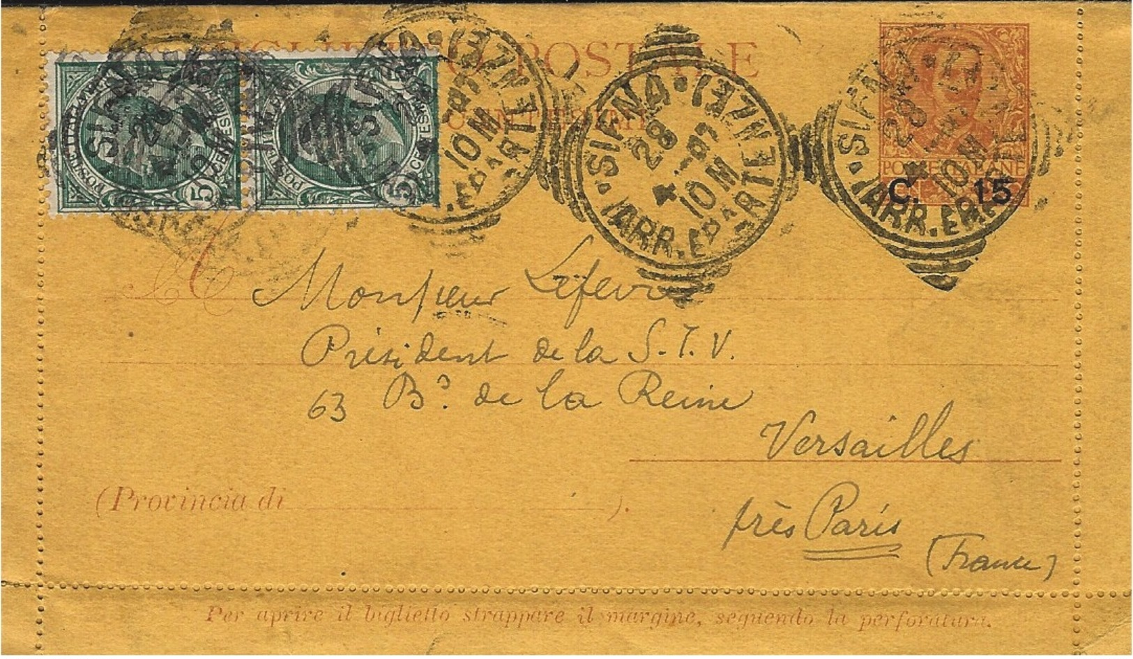 1907- Carte-lettre E P 15 C + Compl.10 C  De SIENA Pour La France - Stamped Stationery