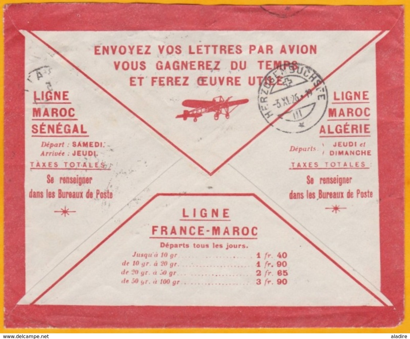 1926 - Maroc Précurseur Avion - Enveloppe De Rabat Vers Herzogenbuchse, Suisse - Aéropostale - Daguin - Lettres & Documents