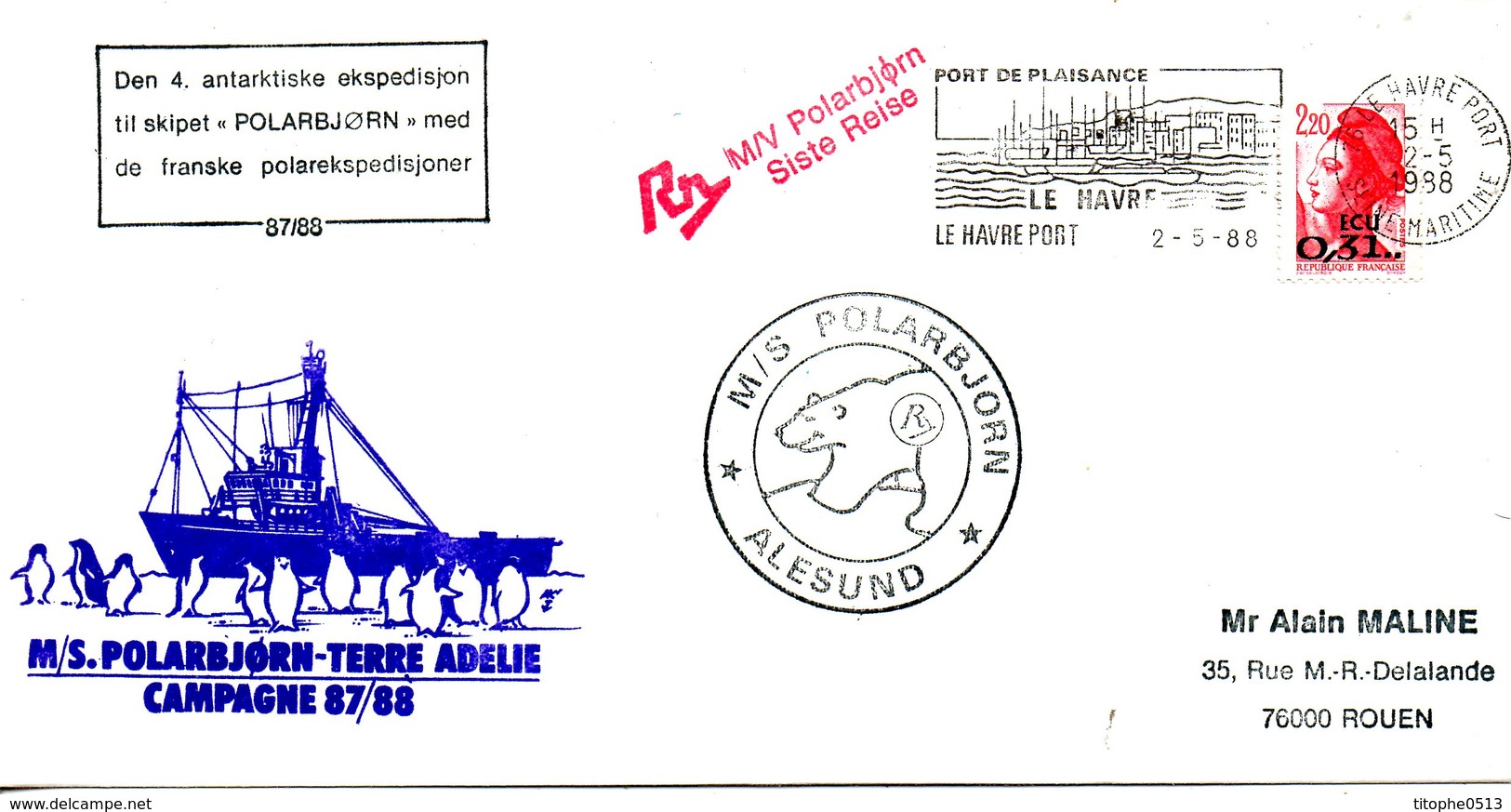 FRANCE. Enveloppe Commémorative De 1988. Polarbjorn En Terre Adélie. - Polar Ships & Icebreakers