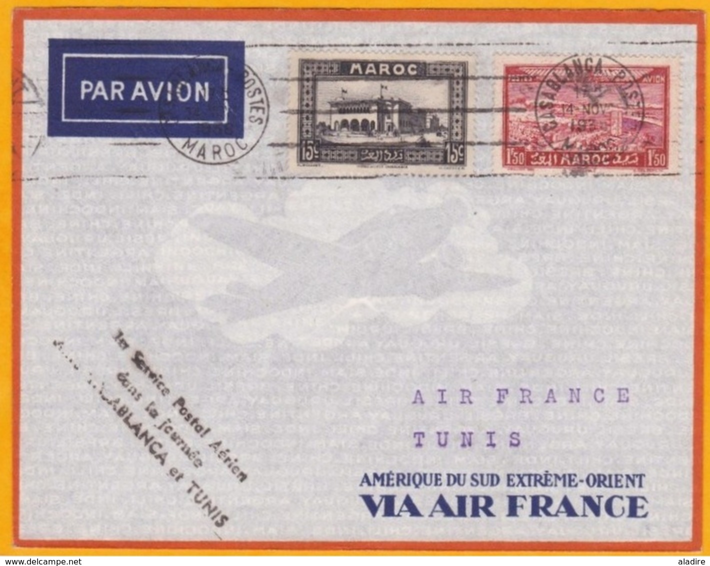 1938 - Envel. Par Avion De Casablanca, Maroc Vers Tunis - Air France 1er Service Dans La Journée - Cad Arrivée - Lettres & Documents