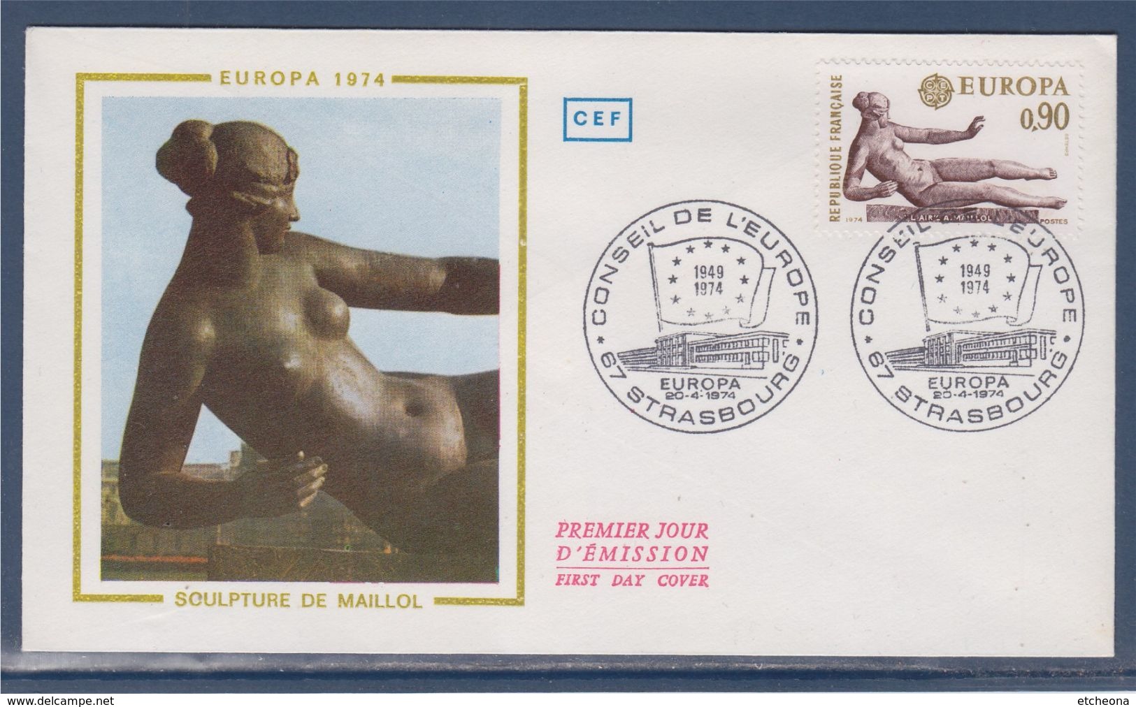 = Europa 1974 Sculptures CEPT N°1790 Enveloppe 1er Jour Strasbourg 20.04.74 "l'Air" De Maillol 1861-1944 - 1974