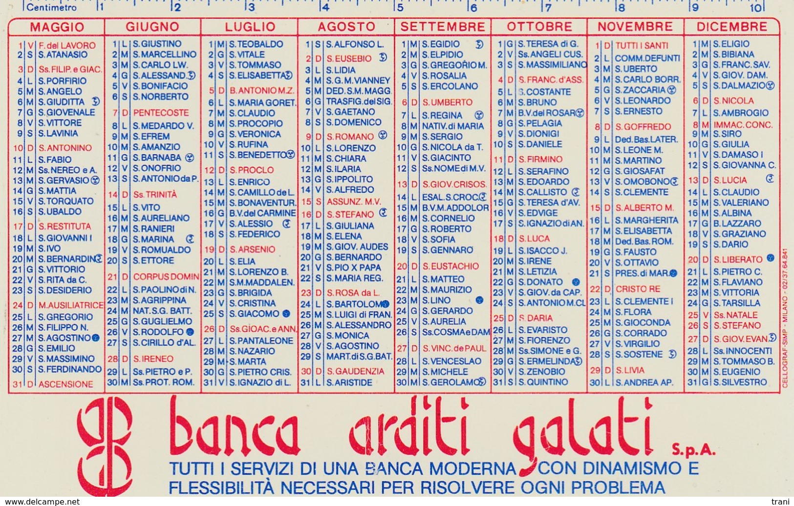 CALENDARIO TASCABILE - BANCA ARDITI GALATI - Anno 1987 - Formato Piccolo : 1981-90