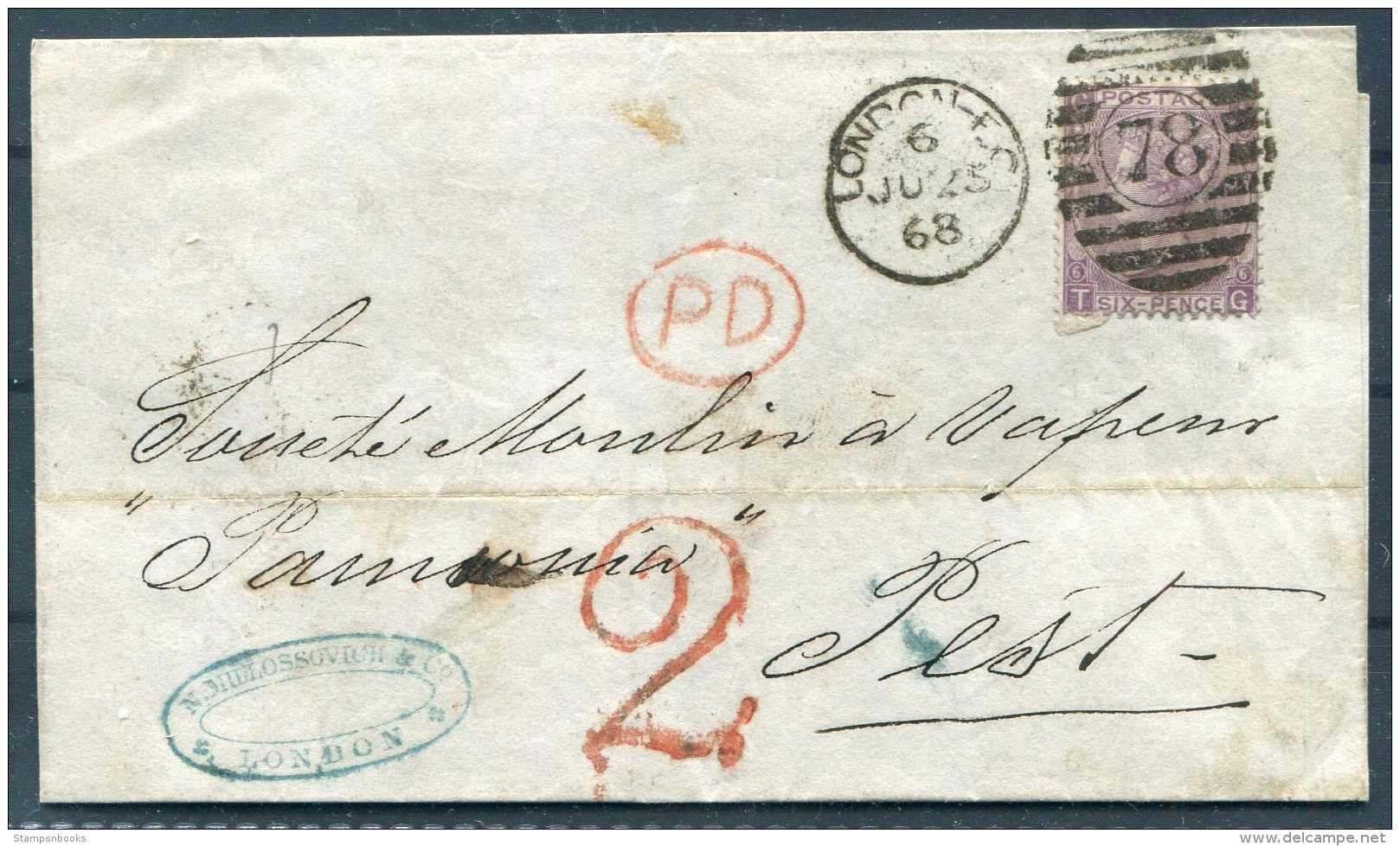 1868 GB QV 6d Lilac (Plate 6) London 78 Duplex  Millossovich &amp; Co - Pest, Hungary Via Wien. Accountancy Handstamp - Lettres & Documents