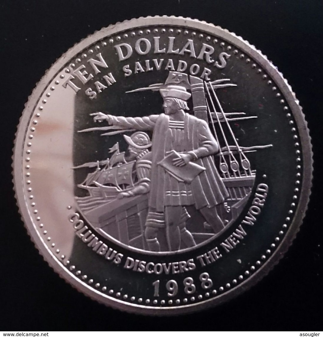 BAHAMAS 10 DOLLARS 1988 SILVER PROOF "Columbus Discovering America" (free Shipping Via Registered Air Mail) - Bahama's