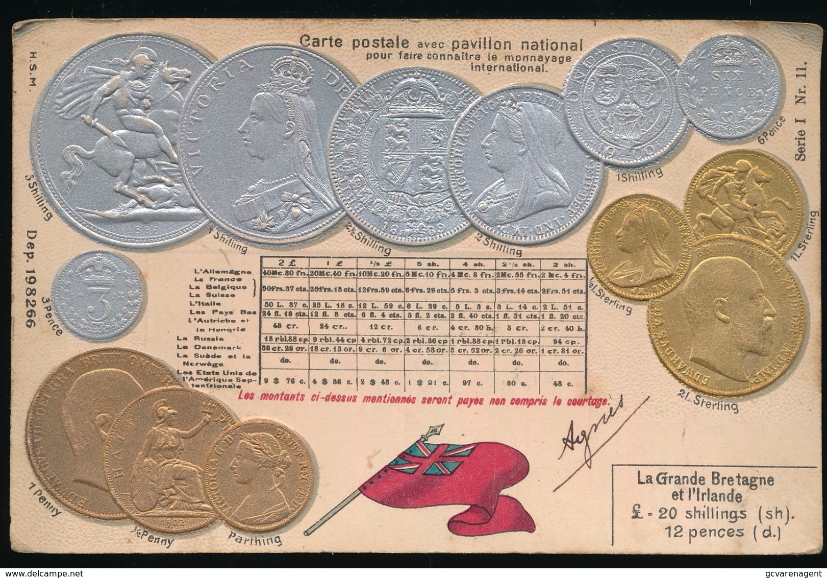 CARTE POSTALE AVEC PAVILLON NATIONAL  - LA GRANDE BRETAGNE ET L'IRLANDE  -,  RELIEF  GAUFREE - Monedas (representaciones)