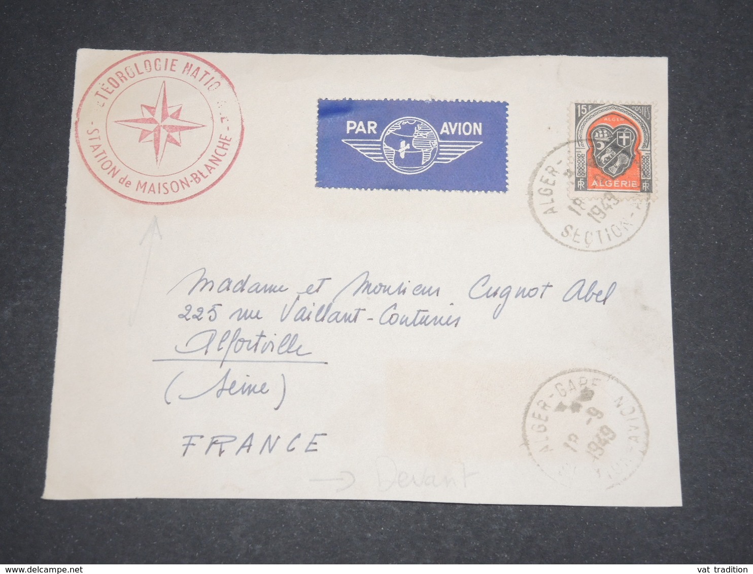 ALGÉRIE - Devant D'enveloppe D ' Alger Pour La France En 1949 , Cachet Rouge " Métérologie Nationale  "- L 13087 - Lettres & Documents