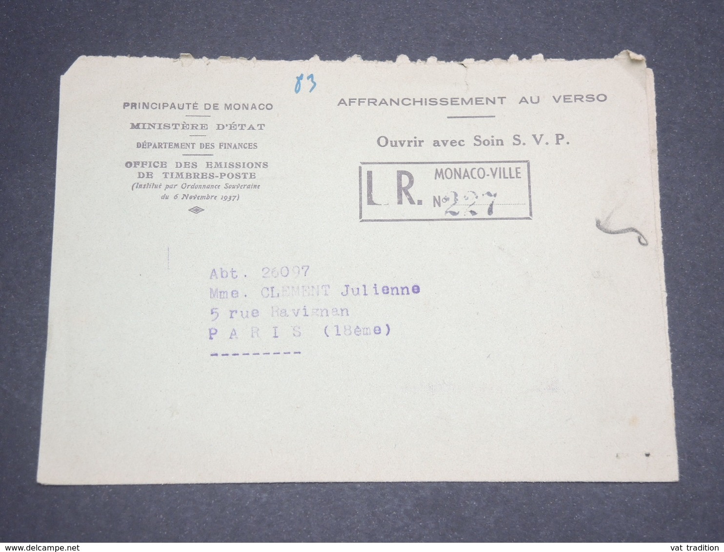 MONACO - Enveloppe En Recommandé Pour Paris , Affranchissement Au Verso - L 13091 - Covers & Documents
