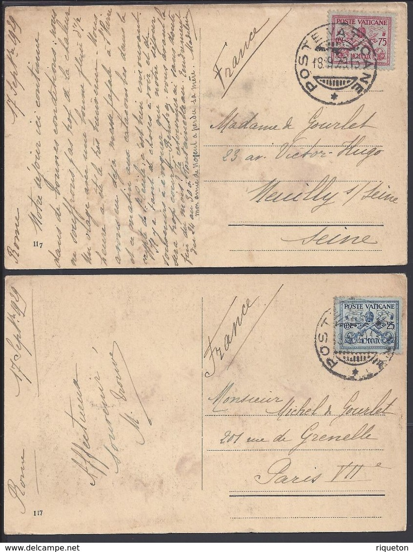 VATICAN - 1929 - Affr. Timbres 25 Et 75 Ct Sur Deux Cartes Postales - Correspondance De Rome Pour Paris Et Neuilly - - Lettres & Documents