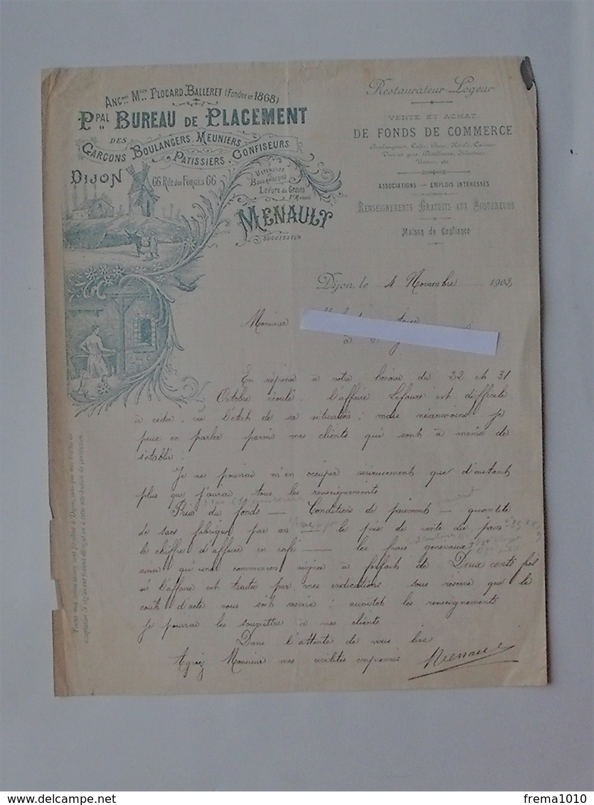 DIJON: Lettre à En-tête 1902 Bureau De Placement Des Garçons Boulanger Meunier Patissier Confiseur - Rue Des Forges - 1900 – 1949