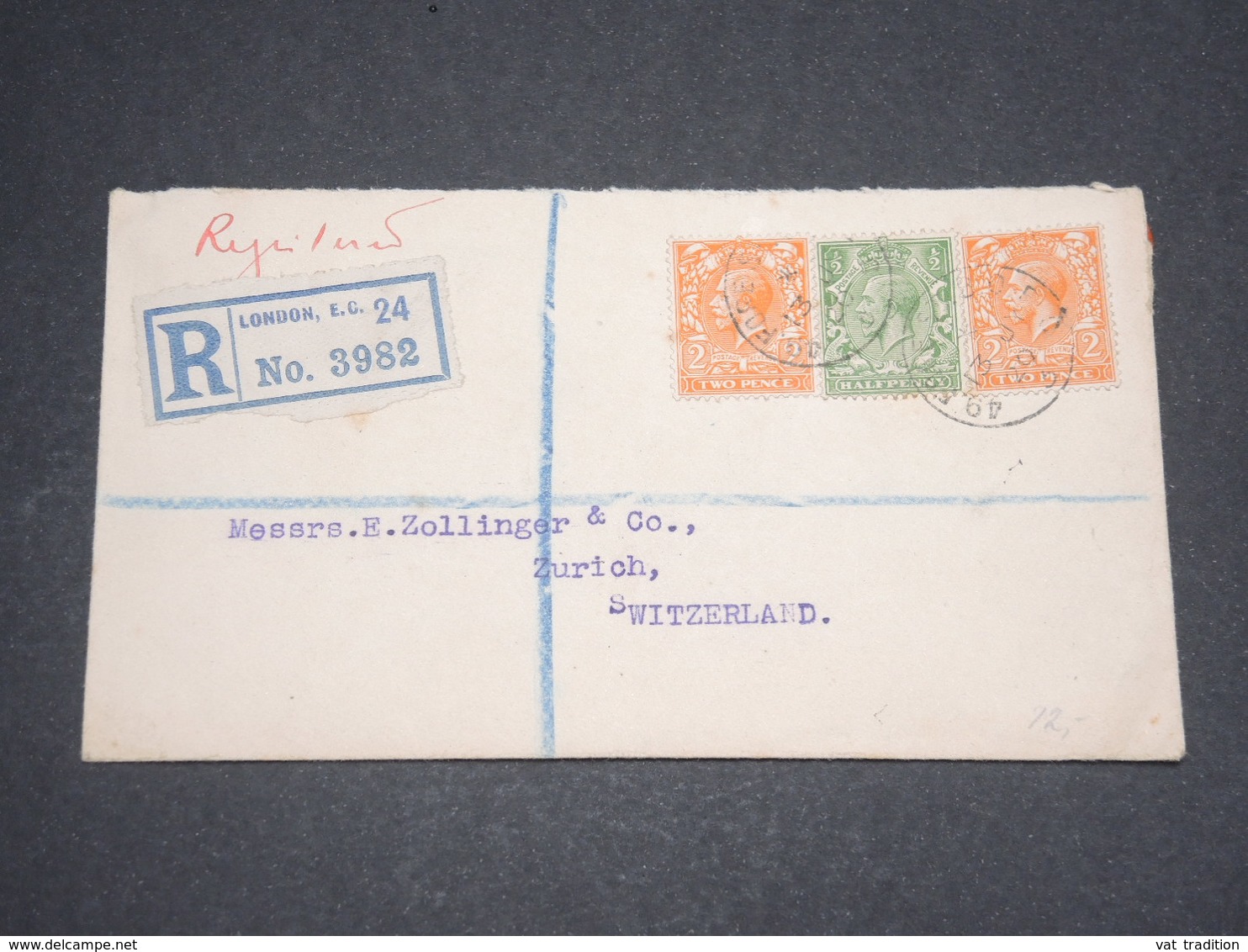 GRANDE BRETAGNE - Enveloppe En Recommandé De Londres Pour La Suisse En 1920 - L 13101 - Lettres & Documents