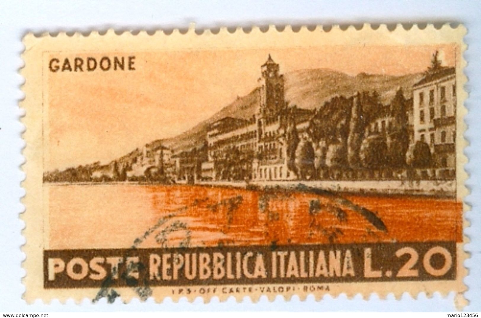 ITALIA, ITALY, REPUBBLICA, SERIE TURISTICA, LANDSCAPOES, GARDONE, 1953,USATO, 25 L. .    Sass. 729   Scott 643 - 1946-60: Usati