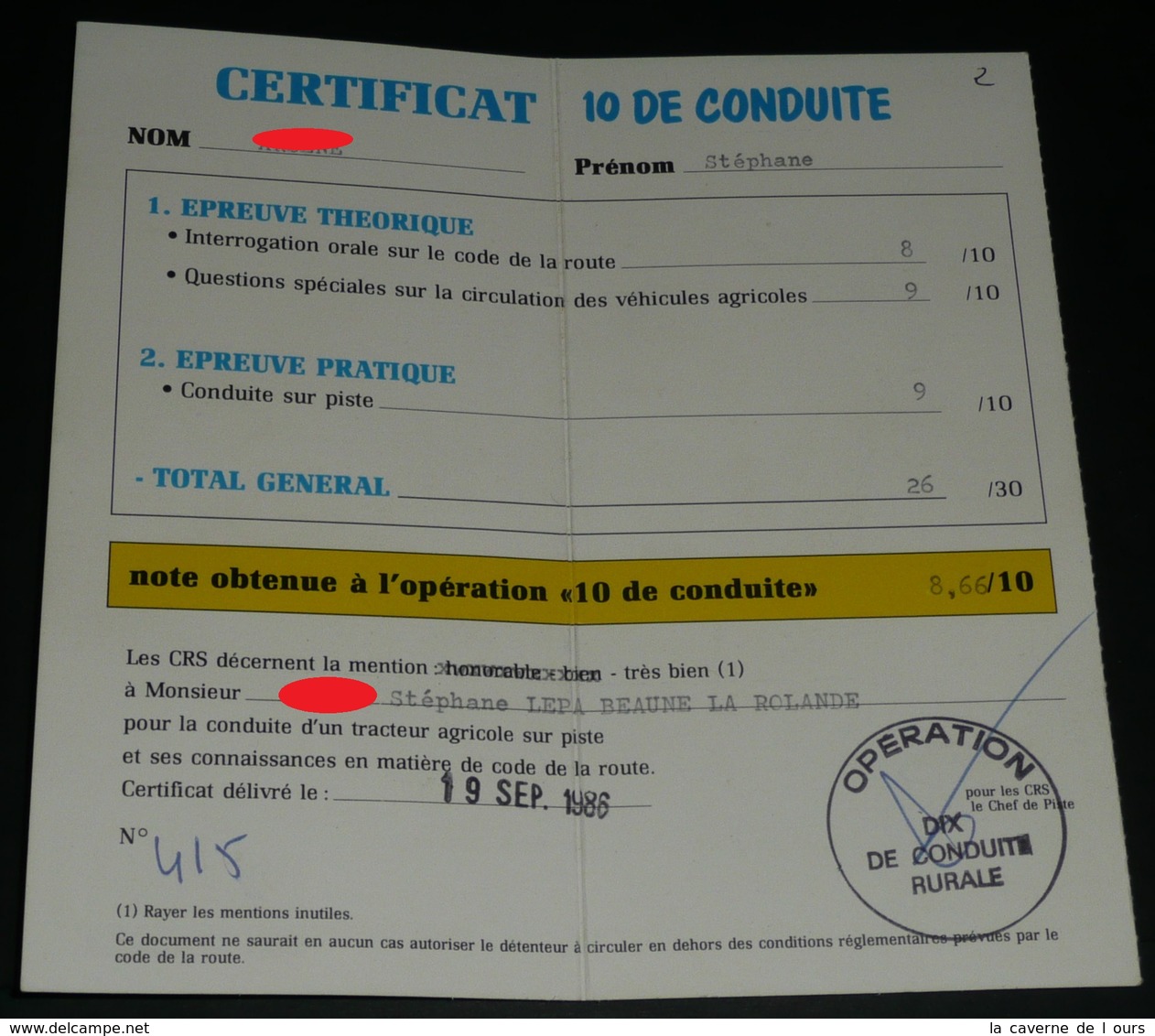 Ancien Certificat "10 De Conduite Rurale" 1986, Pubs Renault Agriculture Mobil Agri CRS Police, Tracteur LEP Beaune La R - Diplômes & Bulletins Scolaires