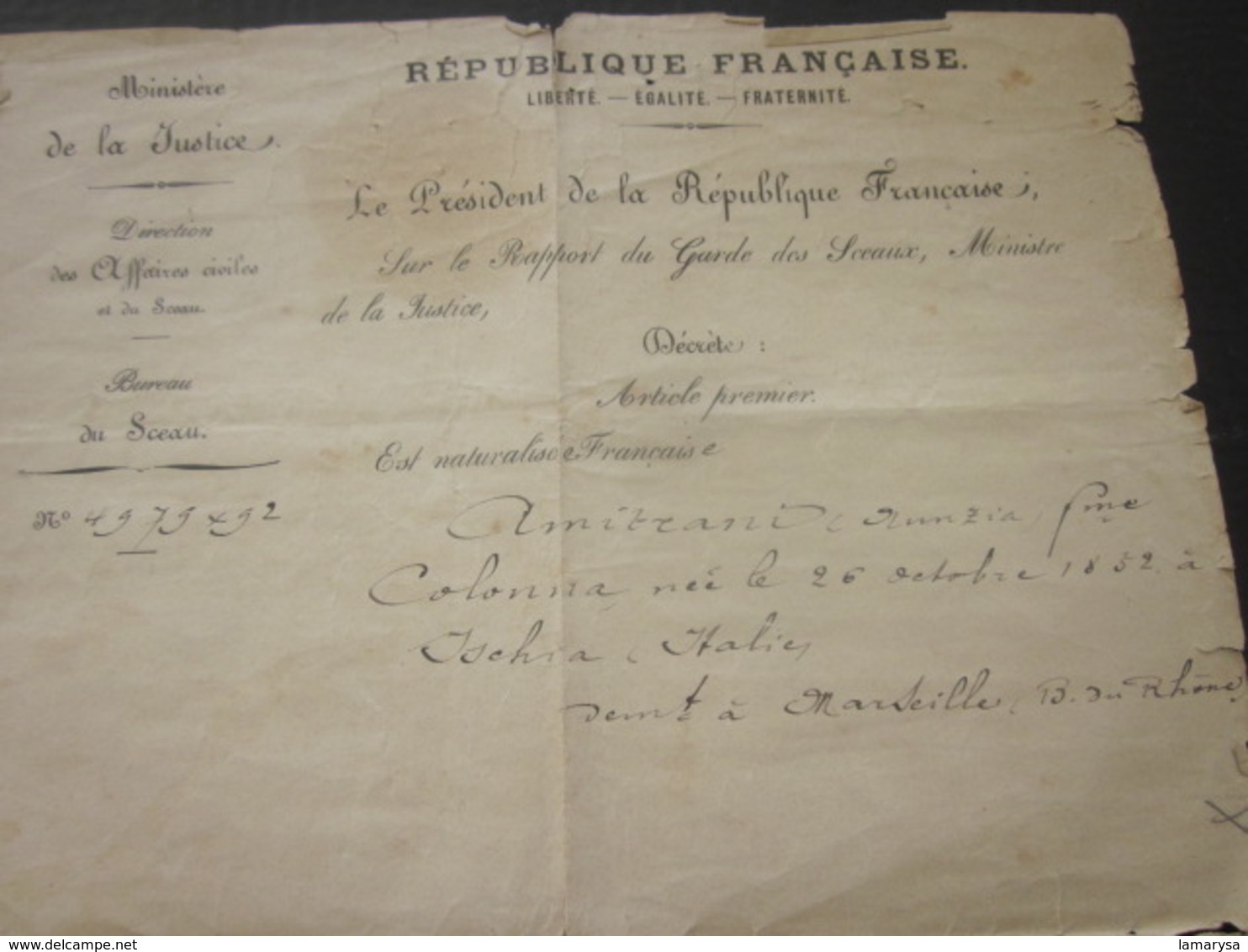 1893 Manuscrit Certificat Acte Naturalisation Signé Carnot Président République-Garde Des Sceaux Ministre Justice Guérin - Historische Dokumente