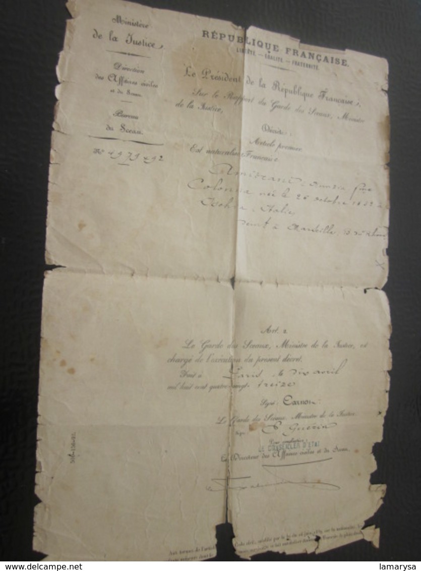 1893 Manuscrit Certificat Acte Naturalisation Signé Carnot Président République-Garde Des Sceaux Ministre Justice Guérin - Historische Dokumente