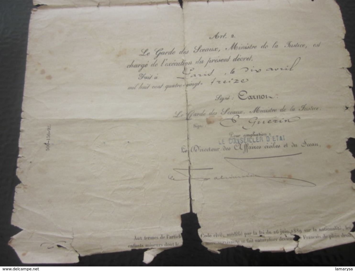 1893 Manuscrit Certificat Acte Naturalisation Signé Carnot Président République-Garde Des Sceaux Ministre Justice Guérin - Historische Dokumente