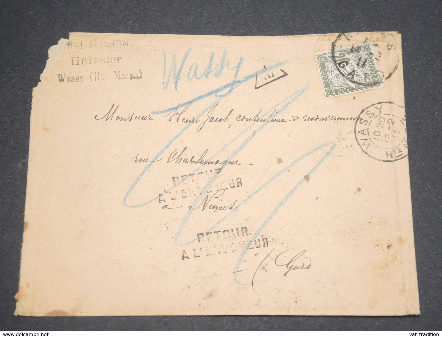 FRANCE - Taxe De Nîmes  Sur Enveloppe De Wassy En 1911 - L 13147 - 1859-1959 Lettres & Documents