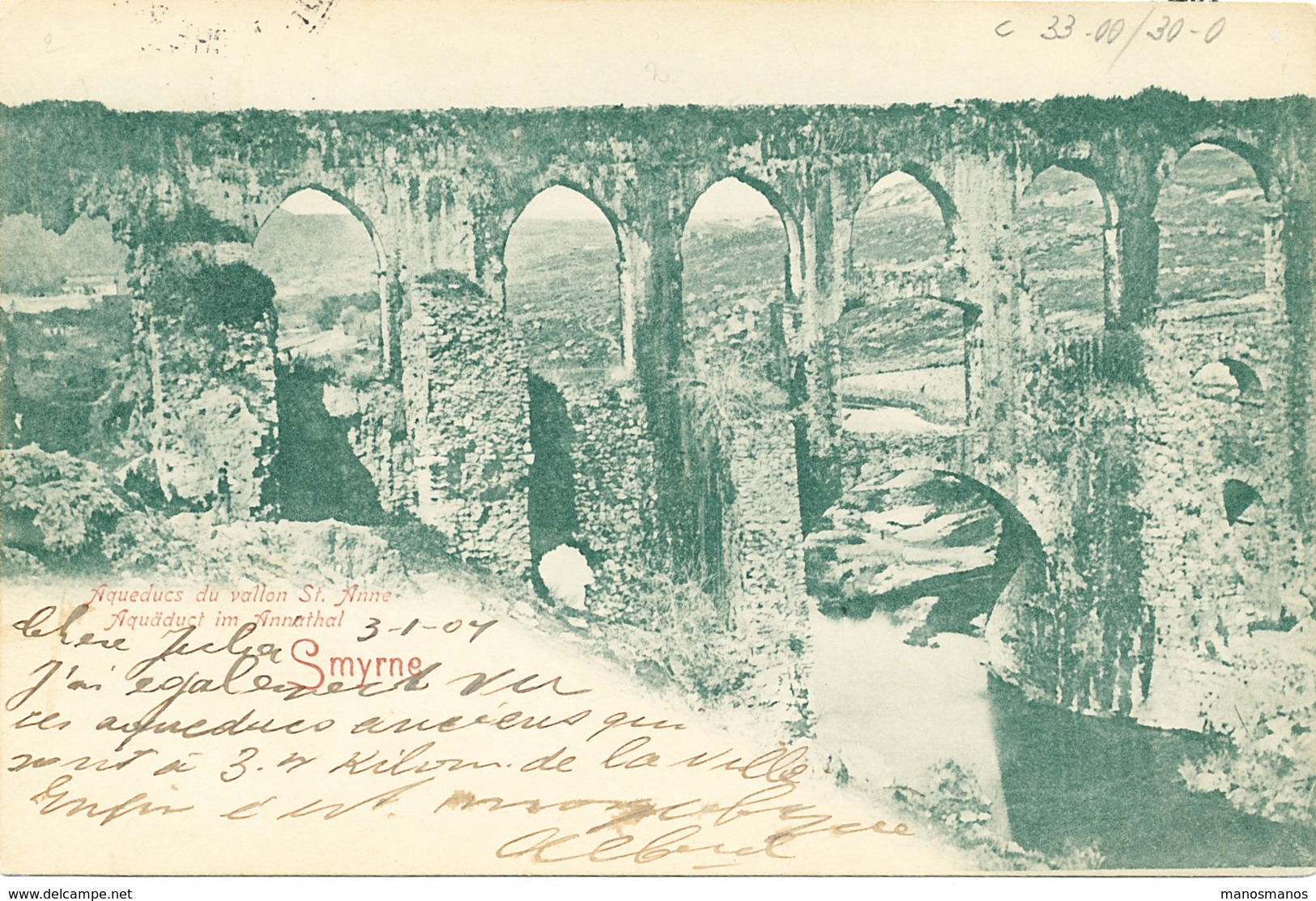 119/26 - TURQUIE SMYRNE - Carte-Vue Aqueduc Du Vallon Ste Anne - TP Germania SMYRNA Deutsche Post 1904 - Turquie