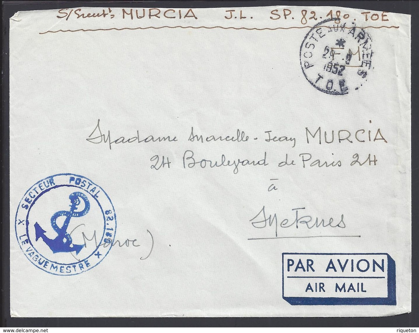 FR - Enveloppe Du S.P 82.180 En F.M. Cachet Poste Aux Armées T.O.E. 29-09-1952 Pour Meknès Maroc - B/TB - - Guerre D'Indochine / Viêt-Nam