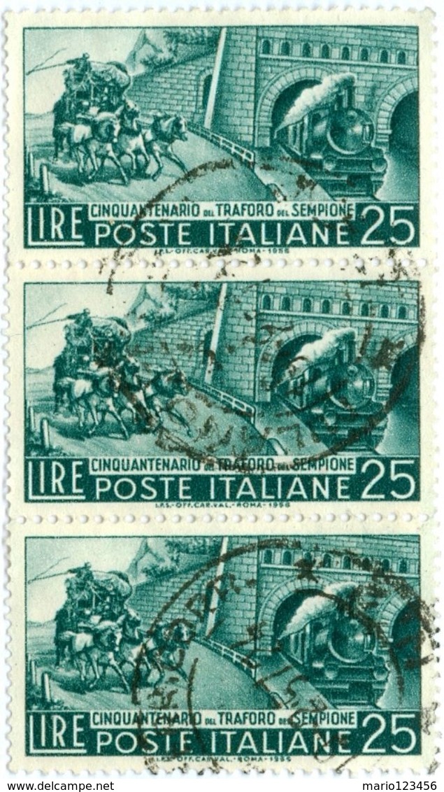 ITALIA, ITALY, REPUBBLICA, COMMEMORATIVO, TRAFORO SEMPIONE, 1956, FRANCOBOLLO USATO, 25 L. .    Sass. 797   Scott 709 - 1946-60: Usati