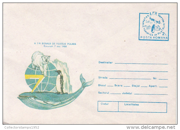 69223- POLAR BEAR, PENGUIN, WHALE, POLAR PHILATELIC EXHIBITION, COVER STATIONERY, 1988, ROMANIA - Événements & Commémorations