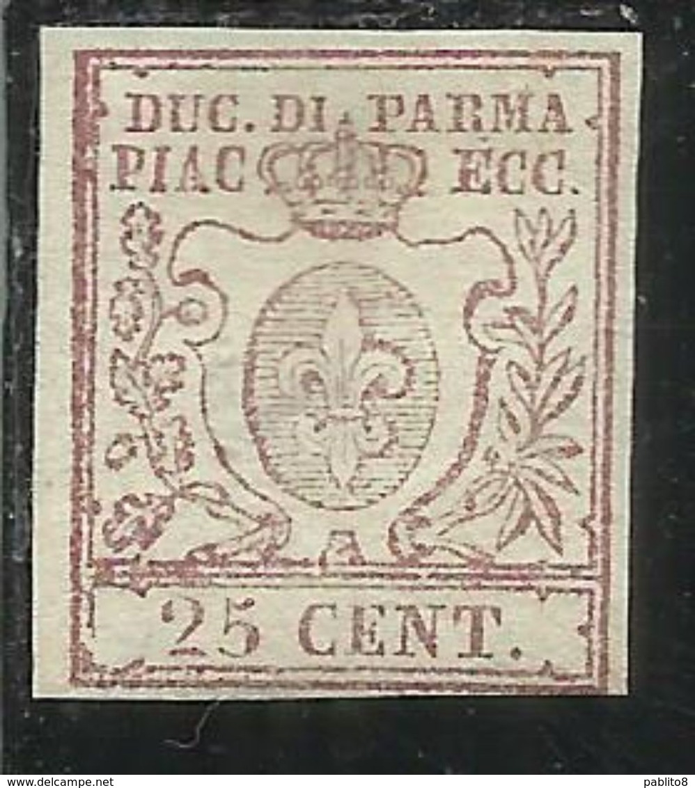 ANTICHI STATI ITALIANI ASI 1857 1859 PARMA GIGLIO BORBONICO CENT. 25c BRUNO LILLA MH CERTIFICATO - Parma