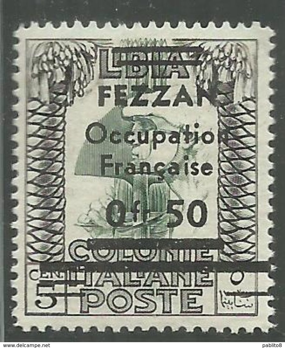 FEZZAN LIBYA 1943 PITTORICA DI LIBIA SOPRASTAMPATO SURCHARGED SURCHERGE O,50f SU CENT. 5c MNH CERTIFICATO - Fezzan & Ghadames