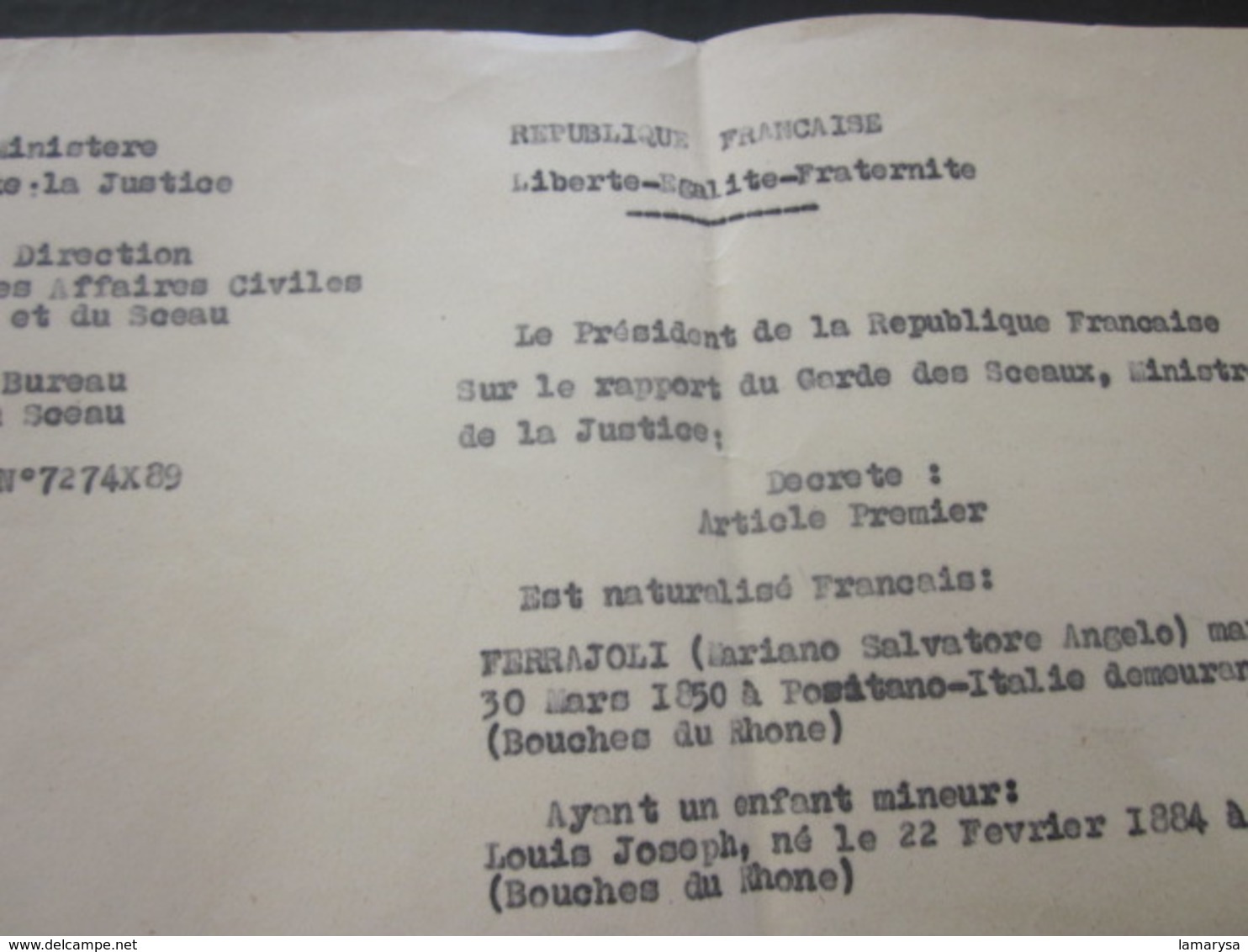 1889 Dactylo Certificat Acte Naturalisation Signé Carnot Président République-Garde Des Sceaux Ministre Justice Thevenet - Historical Documents