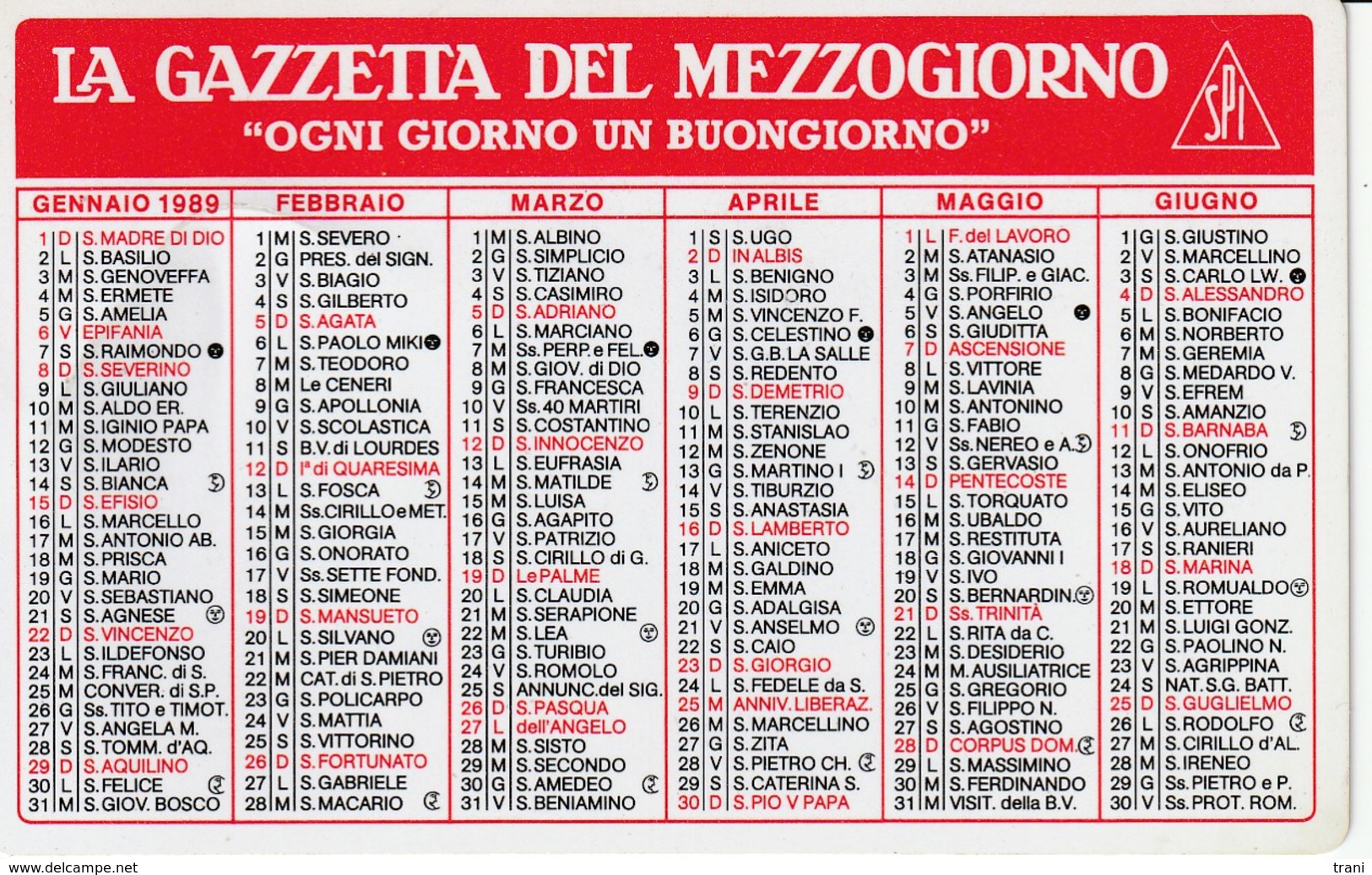 CALENDARIO TASCABILE - LA GAZZETTA DEL MEZZOGIORNO - Anno 1989 - Formato Piccolo : 1991-00