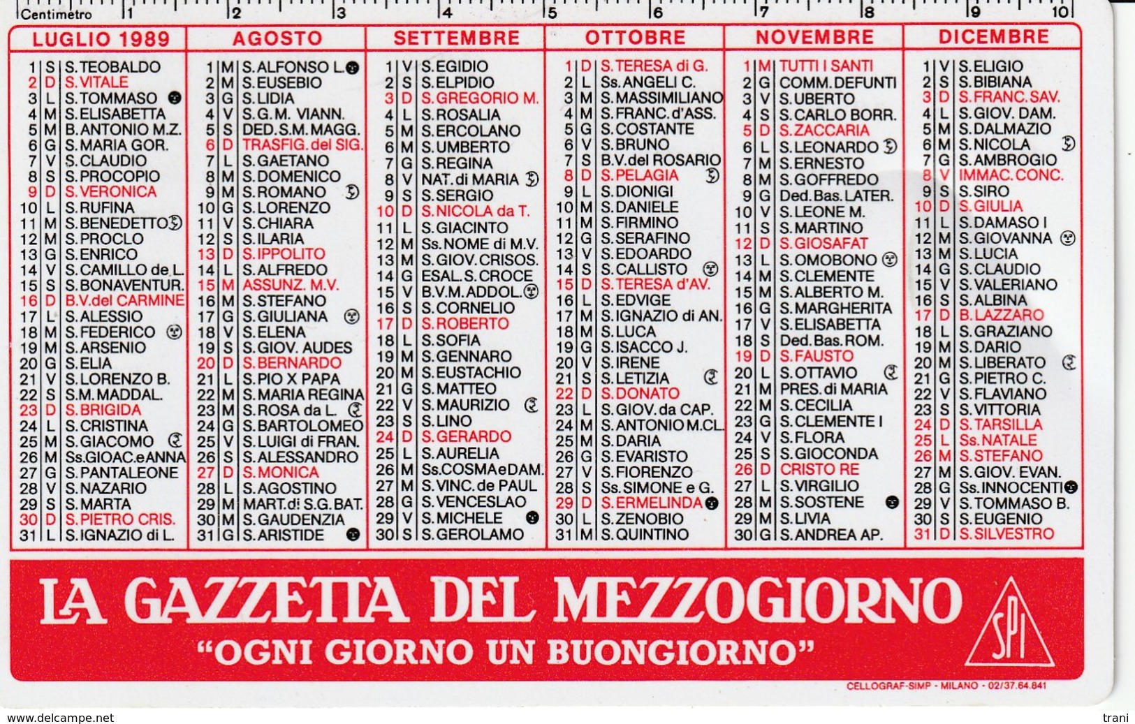 CALENDARIO TASCABILE - LA GAZZETTA DEL MEZZOGIORNO - Anno 1989 - Formato Piccolo : 1991-00