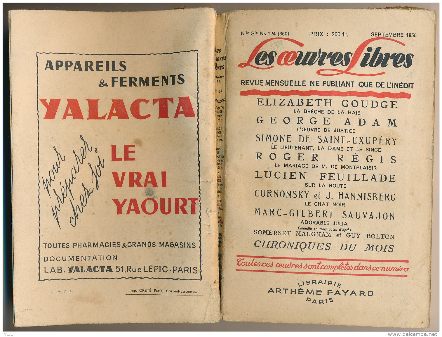 LES OEUVRES LIBRES, N° 124 (Septembre 1956) : Goudge, Adam, Saint-Exupéry, Régis, Feuillade, Sauvajon, Curnonsky... - Sonstige & Ohne Zuordnung