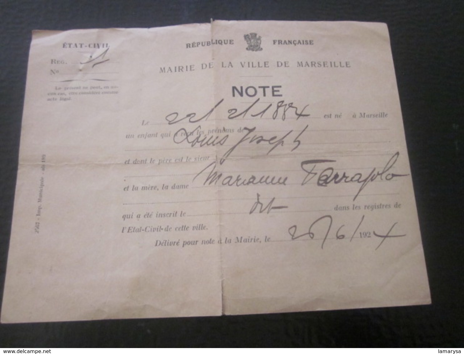 1924 Extrait Note Acte De Naissance En 1884 Ferajolo Registre état Civil Manuscrit Mairie De Marseille BDR - Documents Historiques