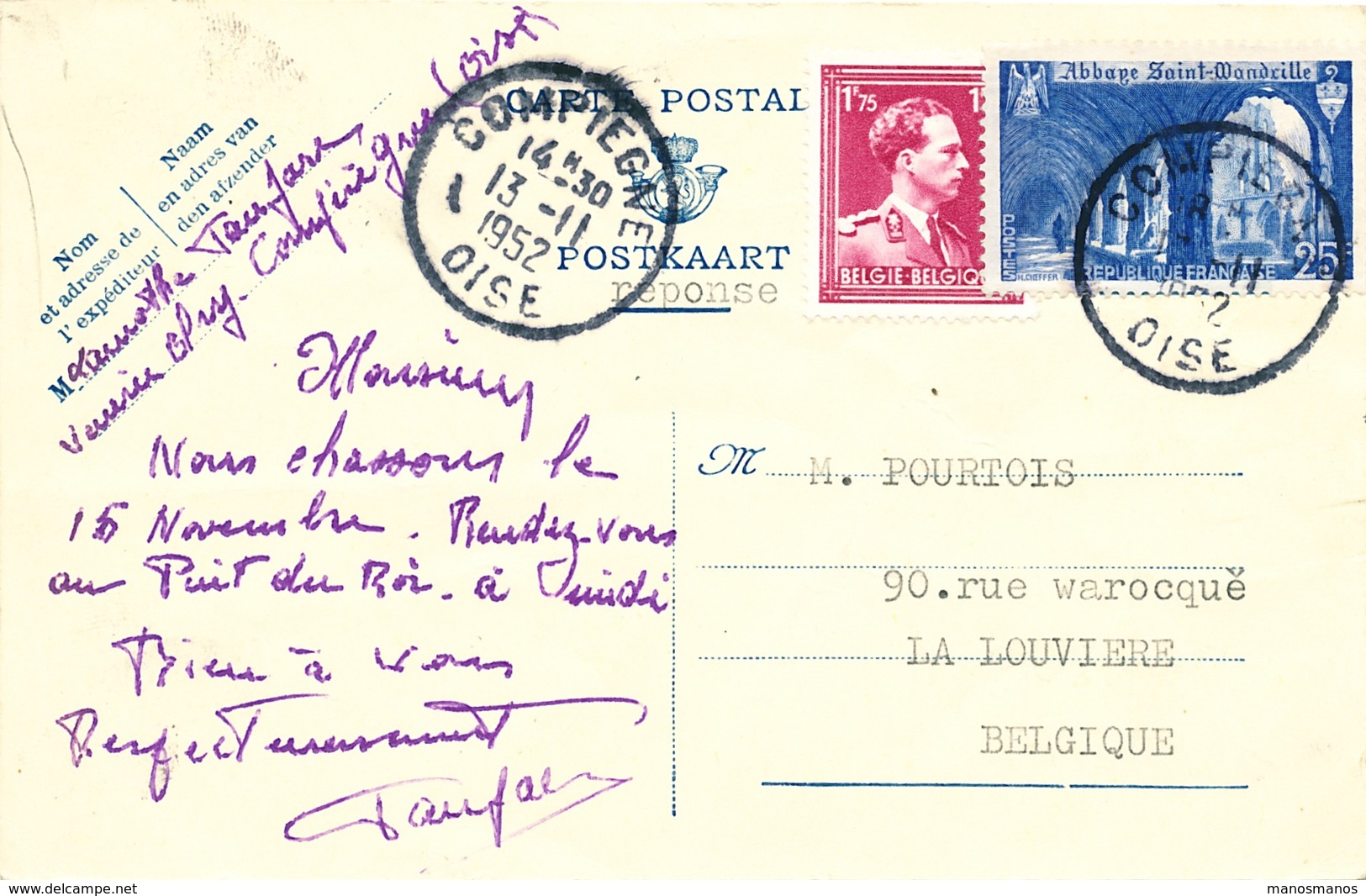 131/26 - Entier Sceau Etat + TP Col Ouvert Envoyé En France Comme REPONSE  - Posté à COMPIEGNE 1952 Vers LA LOUVIERE - Cartes Postales 1951-..