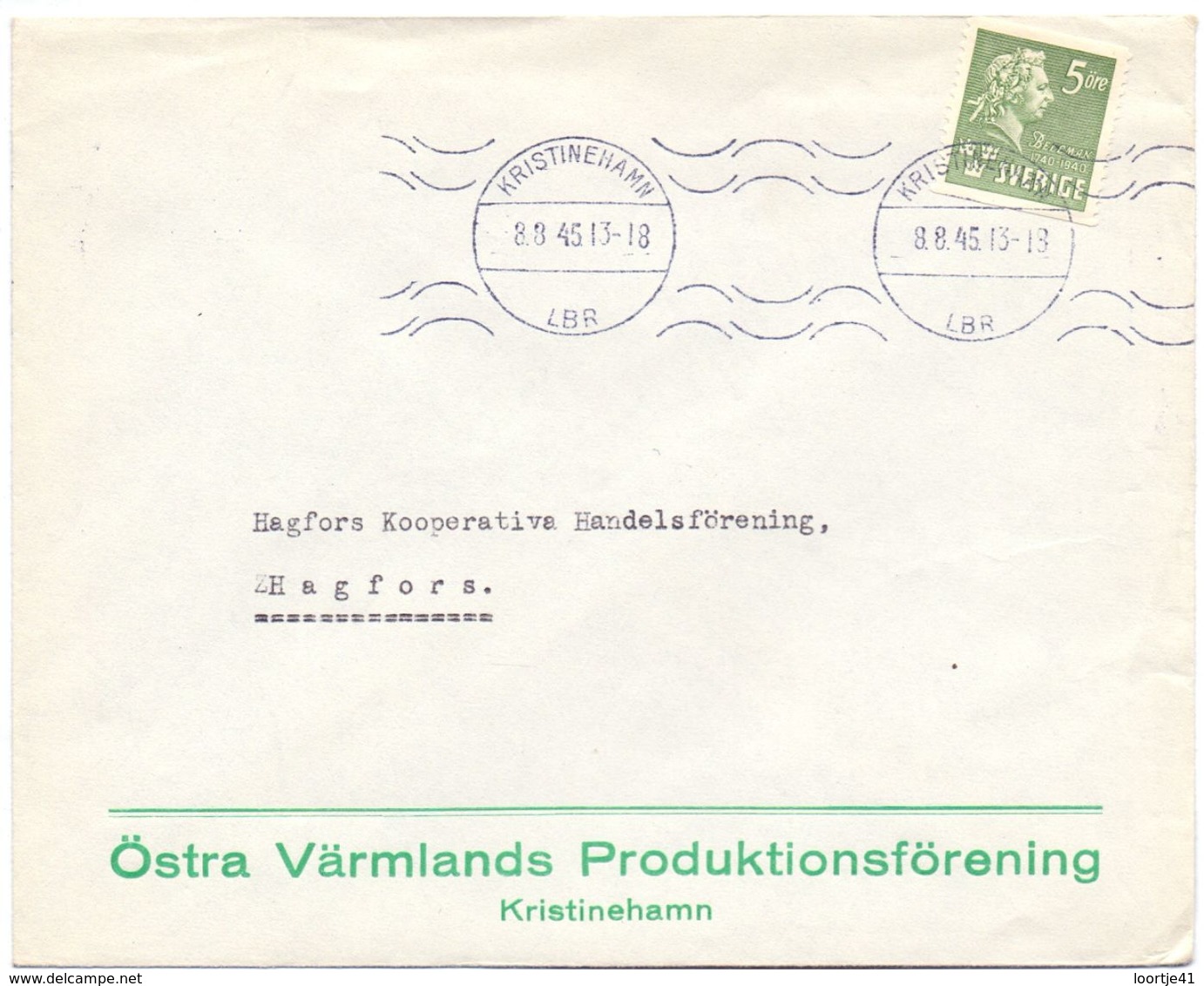 Enveloppe Kuvert - Pub Reklam Östra Värmlands Kristinehamn - Till Hagfors Sverige Zweden 1945 - Postal Stationery